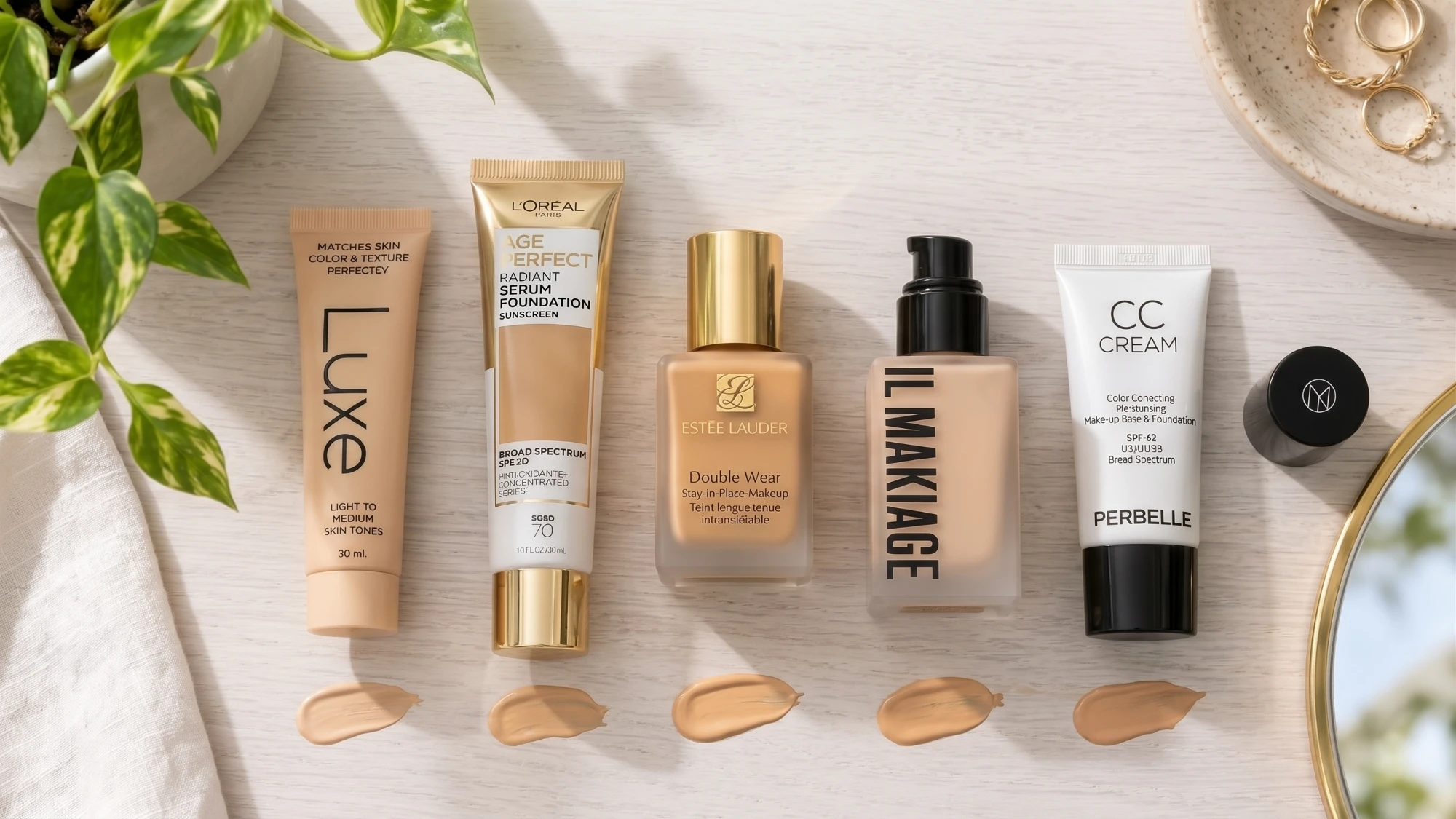 The five foundations we tested, lined up with a swatch of each