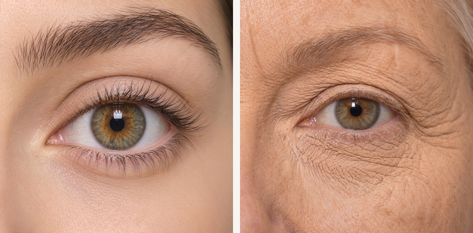 Macro photographs of foundation sitting evenly on skin at 25, and settling into fine lines on skin at 55